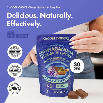 KSM-66 Ashwagandha Chews for Stress Relief & Mood Support, Relaxation & Recovery, Maple Salted Caramel, 30 Soft Chews, Vegan & Sugar-Free