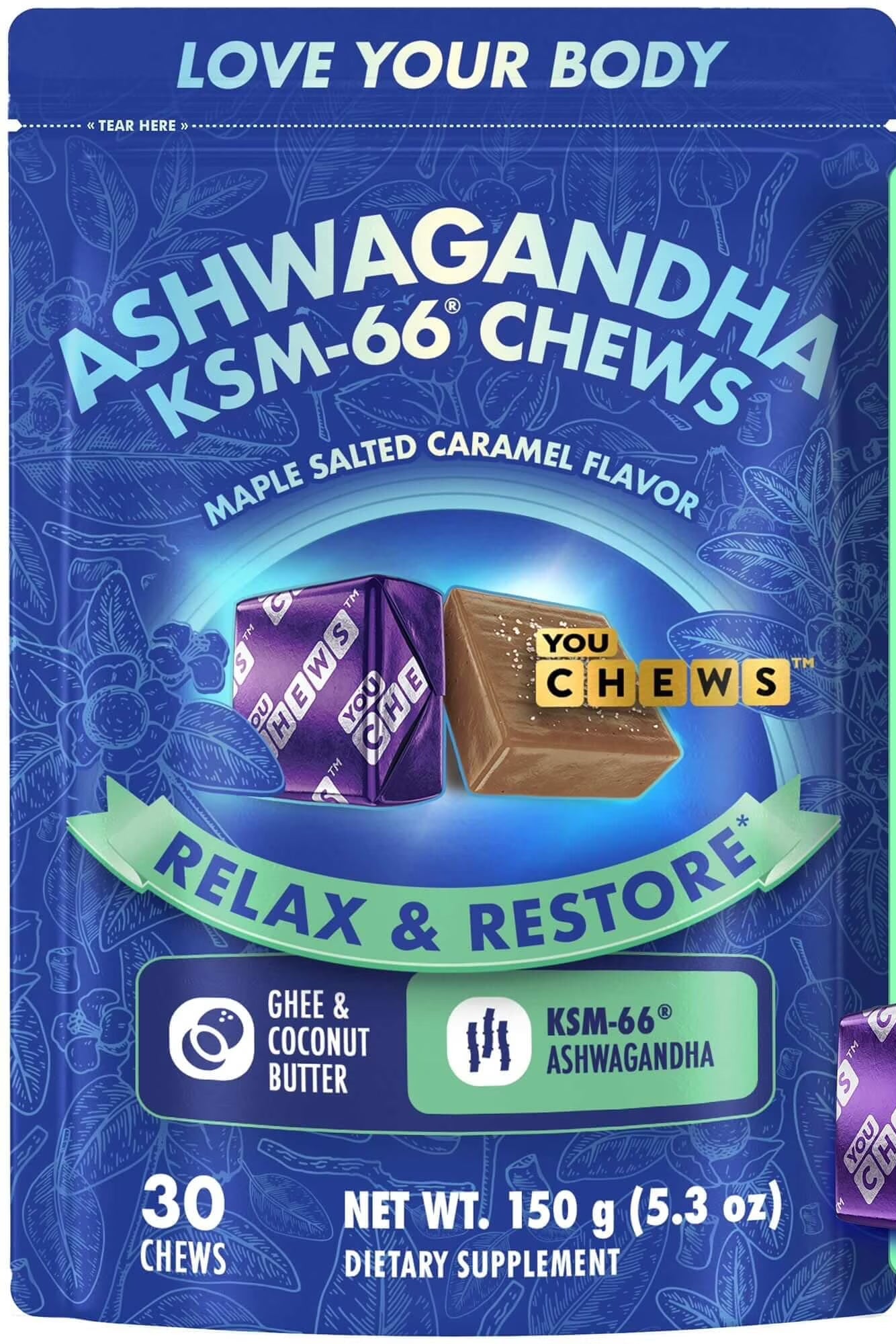 KSM-66 Ashwagandha Chews for Stress Relief & Mood Support, Relaxation & Recovery, Maple Salted Caramel, 30 Soft Chews, Vegan & Sugar-Free
