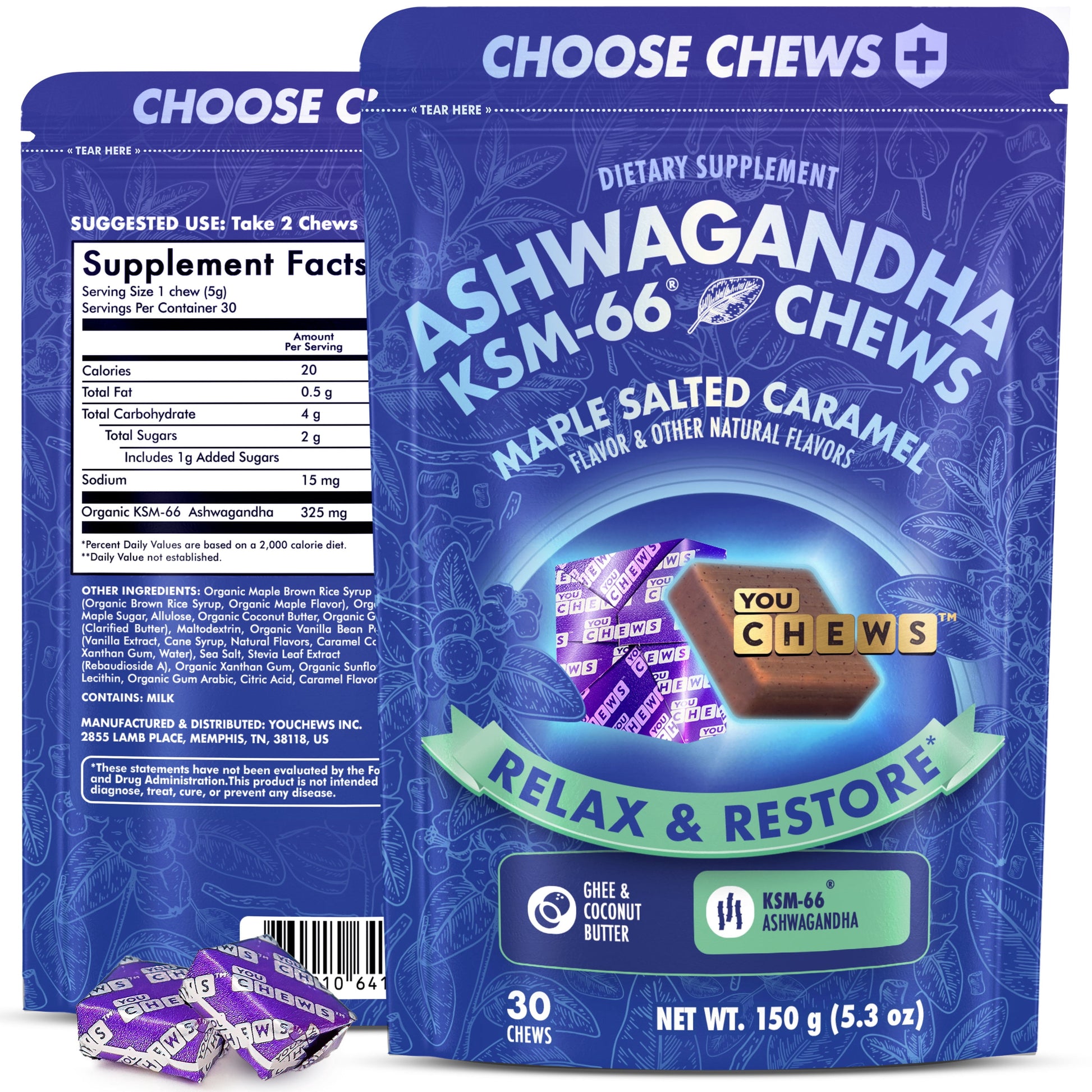 KSM-66 Ashwagandha Chews for Stress Relief & Mood Support, Relaxation & Recovery, Maple Salted Caramel, 30 Soft Chews, Vegan & Sugar-Free